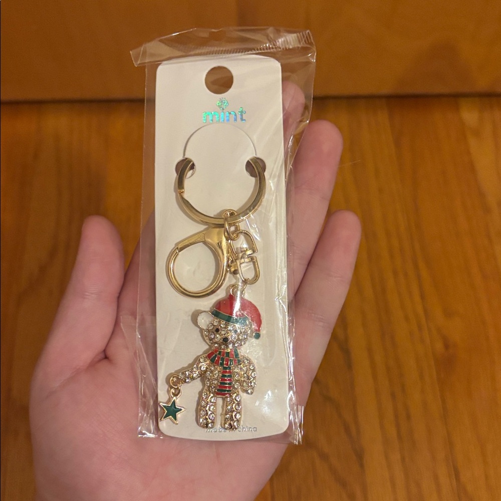 Mint Holiday Bear Bag Charm Keychain Silver or Gold (Choose 1)